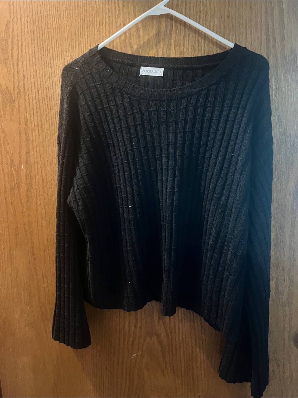 Black Ribbed Crewneck Sweater with cute bell sleeves